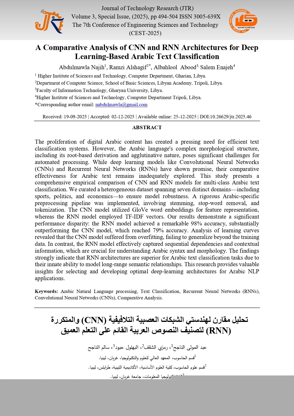 A Comparative Analysis of CNN and RNN Architectures for Deep Learning-Based Arabic Text Classification